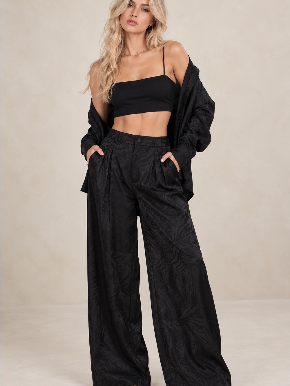 Banana Republic Black Wide-Leg Satin Jacquard Trousers